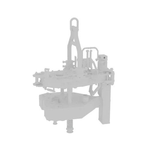 3D model of an industrial lifting and rotating mechanism with gears, hydraulics, and a rotating platform, rendered in white.