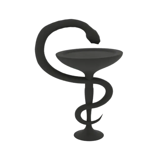Modelo 3D Copa de Higiea, símbolo médico con serpiente en bastón y copa, acabado mate oscuro.