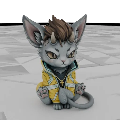 A 3D render of a stylized cyberpunk feline creature sitting down, wearing a yellow jacket and a cross necklace, with horns an