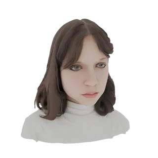 3D model of a young girl with wavy brown hair, wearing a white turtleneck, looking slightly to the side.