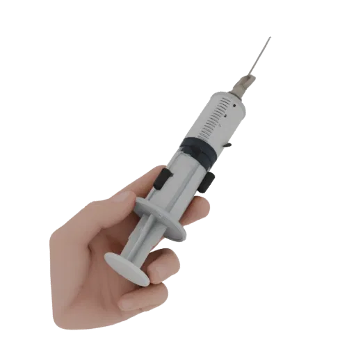 Emergency Syringe Model Education 3D model, three-quarter training render, showing stainless steel, handheld tool scale.