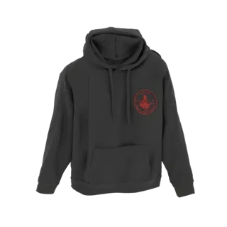 Modello 3D di felpa grigio scuro con emblema circolare rosso sul petto, vista frontale.