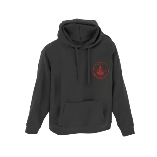 3D model of a dark gray hoodie with a red circular emblem on the chest, shown from the front.