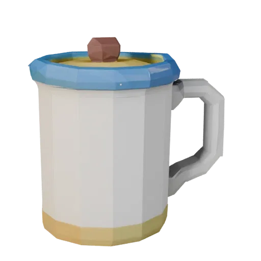 Cozy Mug Low Poly 3D model, game viewport three-quarter view, showing ceramic, recognizable everyday shapes.