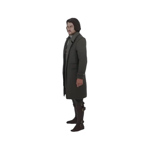 3D model of a Victorian gentleman wearing a dark green overcoat and brown boots, viewed from the side.