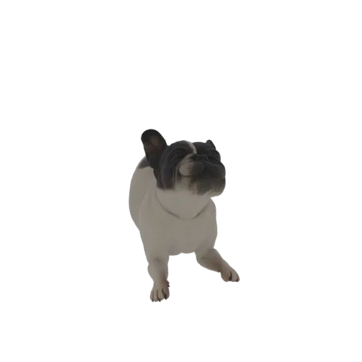Modelo 3D de una figura de Bulldog Francés con los ojos cerrados, mostrando sus características orejas de murciélago y cara a