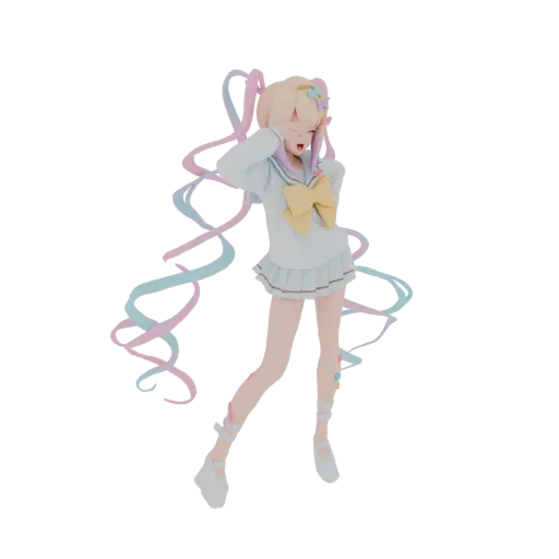 3D model of an anime girl with pastel pink and blue pigtails, wearing a school uniform and striking a shy pose.