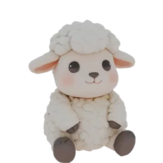 Modelo 3D de adorable ovejita de arcilla polimérica sentada, con ojos grandes y pelaje esponjoso.