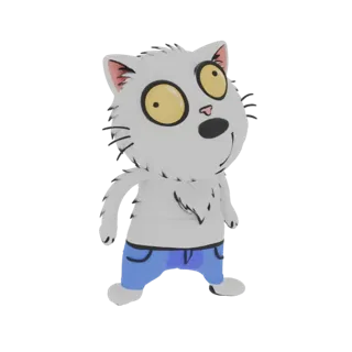 Una renderización 3D de un personaje de gato blanco caricaturesco con grandes ojos amarillos, vistiendo jeans azules, de pie