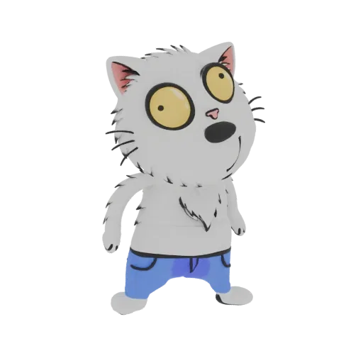 A 3D render of a cartoon white cat character with large yellow eyes, wearing blue jeans, standing against a white background.