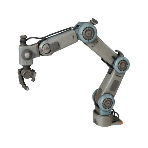 Humanoid Robot Arm Realistic 3D model, three-quarter studio render, showing metal frames, robot form.