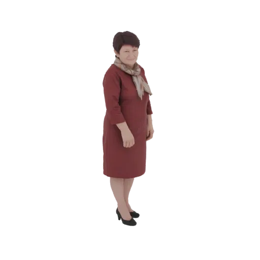 3D model of a woman with short dark hair, wearing a red dress and a patterned scarf, standing and looking towards the viewer.