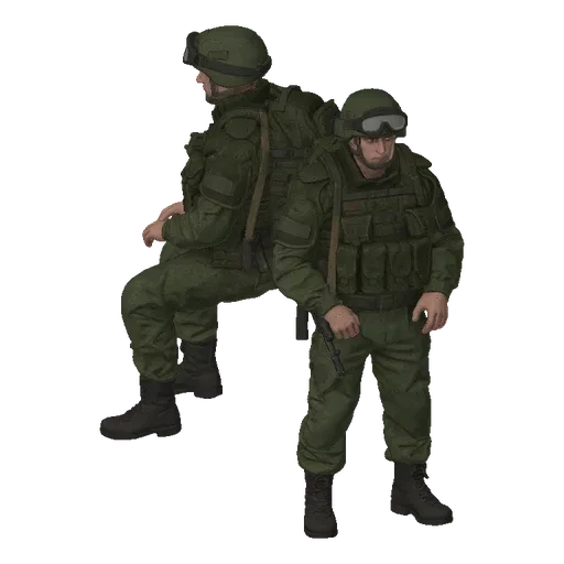 3D model of a Russian soldier in a sitting pose next to a standing soldier, both in military gear.