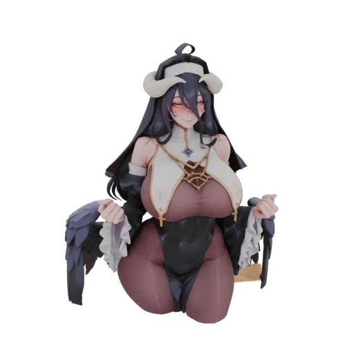 Modelo 3D de una monja anime con cabello negro, cofia blanca, amuleto dorado, cuernos de diablo y grandes alas emplumadas, en