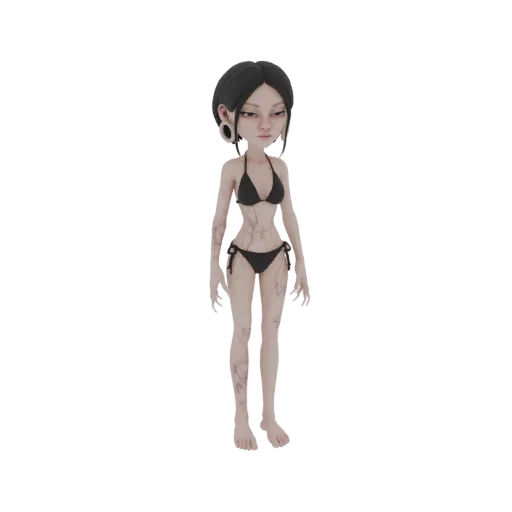 3D-Modell eines Gothic-Mädchens mit dunklem Haar, das einen schwarzen Bikini trägt, mit Tattoos verziert und großen Ohrspikes