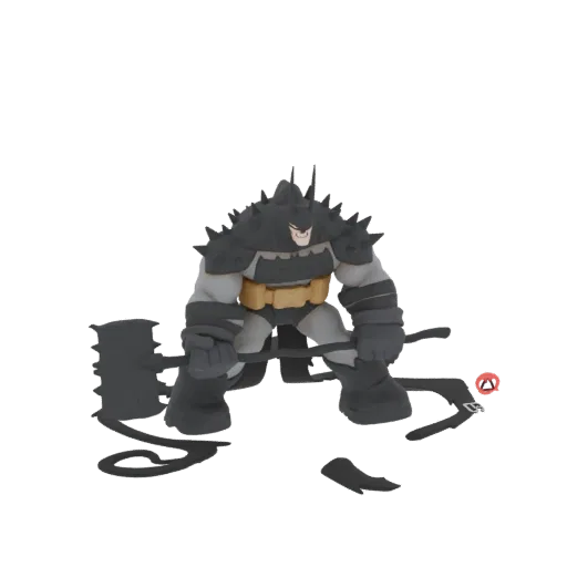 3D model render of a heavily armored Batman in a powerful stance, holding a large mace, against a white background.