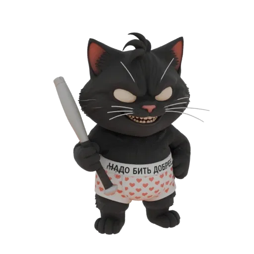 Modello 3D di un gatto nero aggressivo che tiene una mazza da baseball, indossa mutande a cuori, con un'espressione minaccios