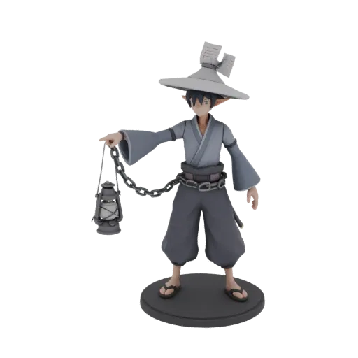 3D model of Japanese-style elf with lantern and chain, standing on a base