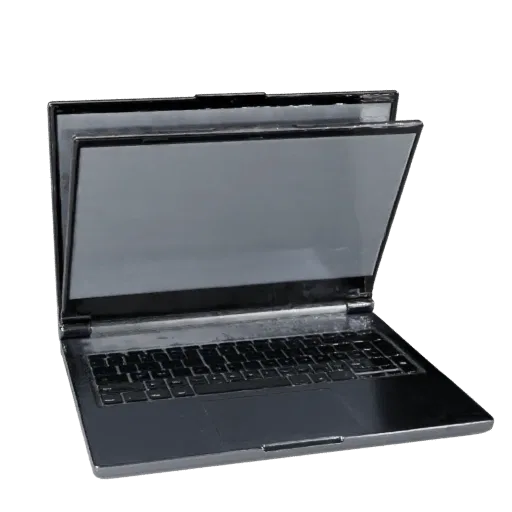 Modello 3D di Laptop da Gaming, vista frontale tre quarti, rendering studio per visualizzatore AR, che mostra metallo spazzol