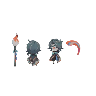 Modelo 3D de un personaje artista chibi con cabello verde azulado, sosteniendo un pincel con pintura roja y naranja, y una pa