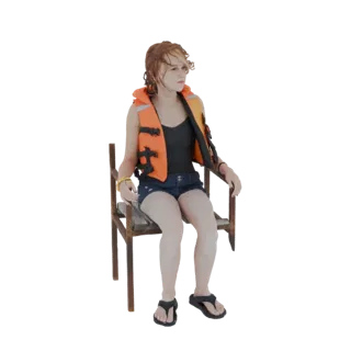 3D-Modell einer jungen Frau mit kastanienbraunem Haar, orangefarbener Schwimmweste und Jeansshorts, sitzend auf einem rustika