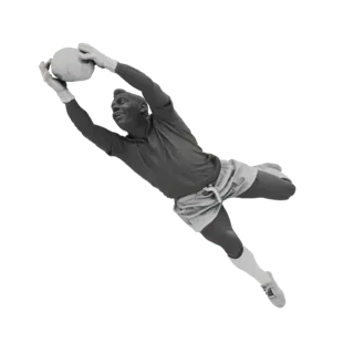 Modèle 3D d'un gardien de football noir plongeant pour attraper un ballon, portant un maillot et un short.
