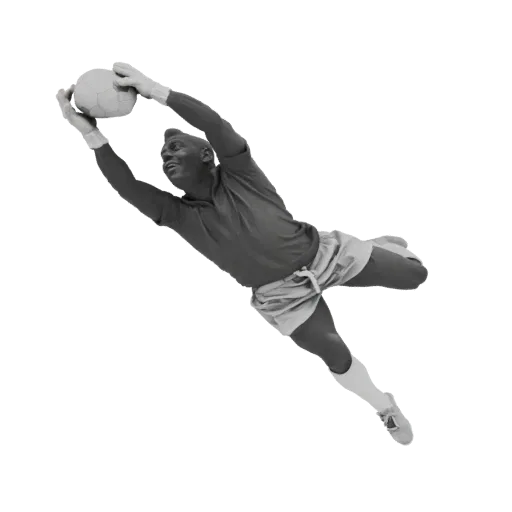 Modelo 3D de un portero de fútbol negro en planchada para atrapar un balón, vistiendo camiseta y pantalones cortos.