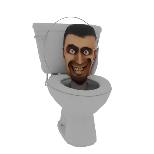 3D model of a grotesque, grinning face emerging from a white toilet bowl, with wide eyes and sharp teeth.