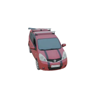 3D model of a red compact crossover SUV with black racing stripes and a silver roof rack, viewed from a three-quarter front a