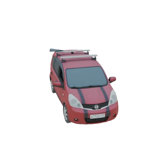 Modello 3D di un SUV compatto rosso con strisce da corsa nere e portapacchi argentato, visto da un'angolazione anteriore a tr