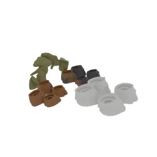 Un rendering 3D di botti e casse miniature assortite in varie tonalità di marrone, grigio e verde, disposte in un gruppo.