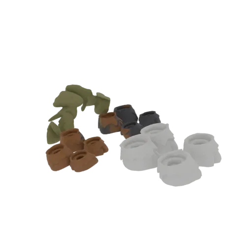 A 3D render of assorted miniature barrels and crates in various brown, gray, and green tones, arranged in a cluster.