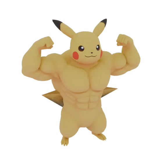 3D model of a muscular Pikachu flexing its biceps and abs, with a determined expression.