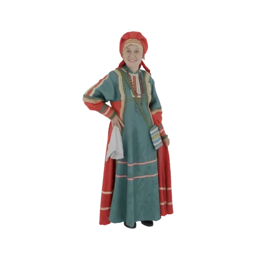 Modello 3D di una donna in costume popolare russo tradizionale, sorridente e in posa con una mano sul fianco.