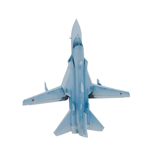 Vue plongeante d'un modèle 3D du chasseur furtif russe Su-57 avec un camouflage bleu clair et un insigne d'étoile rouge sur l