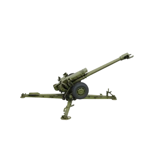 3D model of a green M101A1 105mm Howitzer artillery piece with extended stabilizing legs and a raised barrel.