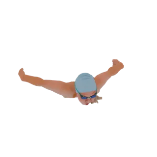 Modèle 3D d'une nageuse dans une pose dynamique de papillon, portant un bonnet de bain bleu et des lunettes, capturée en plei