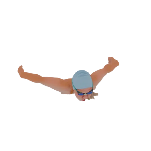 3D model of a female swimmer in a dynamic butterfly stroke pose, wearing a blue swim cap and goggles, captured mid-motion.