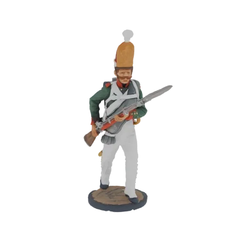 3D model of a French Grenadier soldier in uniform, holding a musket, standing on a textured base.