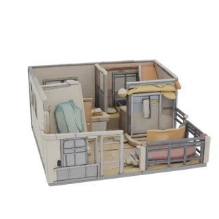 Modello 3D di un compatto appartamento studio anime con cucina, bagno e balcone, reso in stile illustrativo.