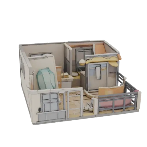 Modello 3D di un compatto appartamento studio anime con cucina, bagno e balcone, reso in stile illustrativo.