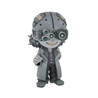 3D model of a mad scientist character with large goggles and a lab coat, rendered in grayscale.