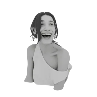 Modelo 3D de uma jovem com cabelo curto, rindo alto com a boca aberta e os olhos voltados para cima e para o lado, vestindo u