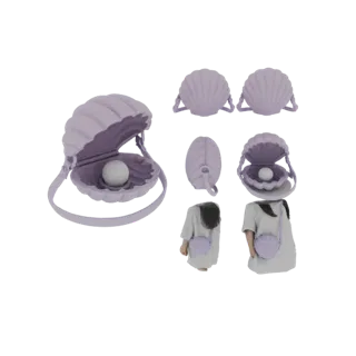 Un rendering 3D di una borsa viola a forma di conchiglia con una perla all'interno, mostrata da diverse angolazioni e su un m