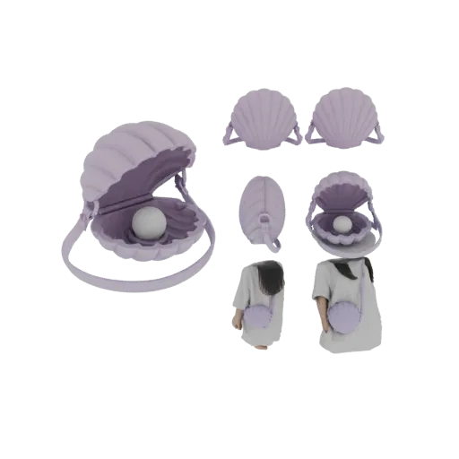 Un rendering 3D di una borsa viola a forma di conchiglia con una perla all'interno, mostrata da diverse angolazioni e su un m