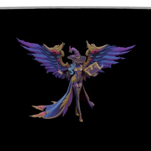 3D model of a fantasy sorceress with large purple and blue wings, holding a spellbook and wand, against a black background.