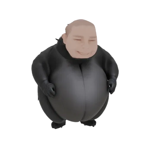 3D model of a chubby character with a round face, wearing a tight black suit, with a cheerful expression.