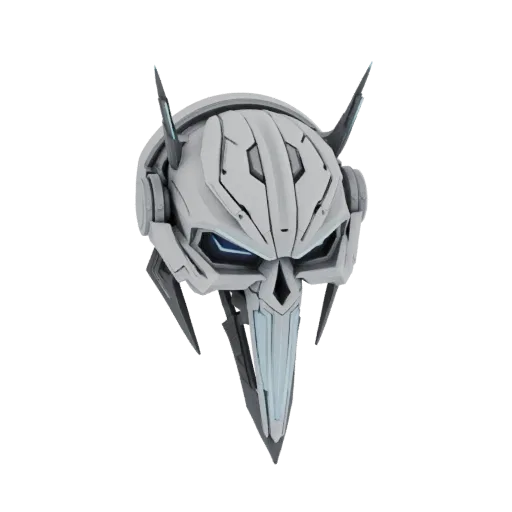 A 3D render of a futuristic cybernetic skull mask with glowing blue eyes and a matte white finish.