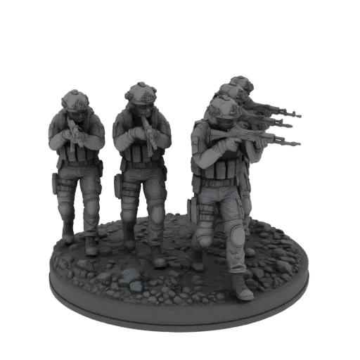 3D model of a modern combat team of four soldiers in tactical gear, armed with rifles, standing on a rocky diorama base.