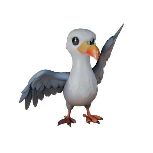 Modelo 3D Albatroz Cartoon, render de vida selvagem em vista lateral, asset animal estilizado com perfil de bico, plumagem em